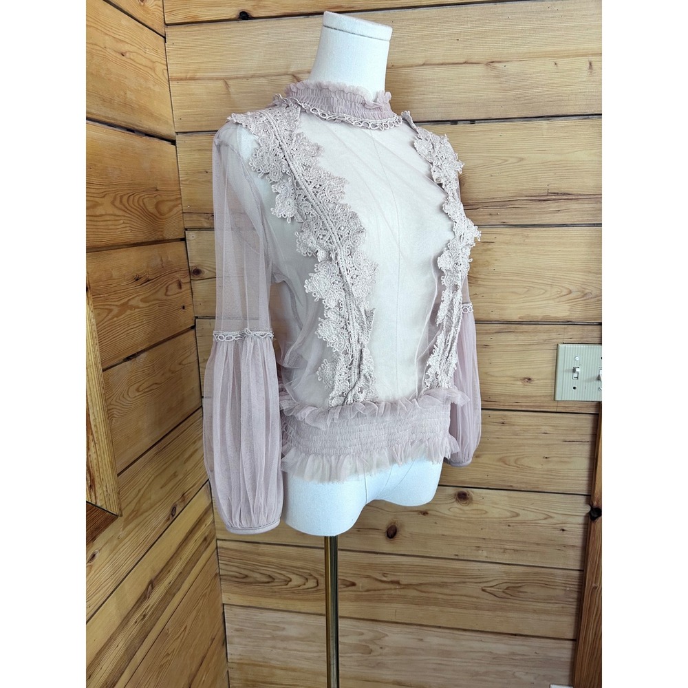 Lace Sheer Mesh Blouse Womens Large Mauve Pink Victorian Coquette Molly Bracken